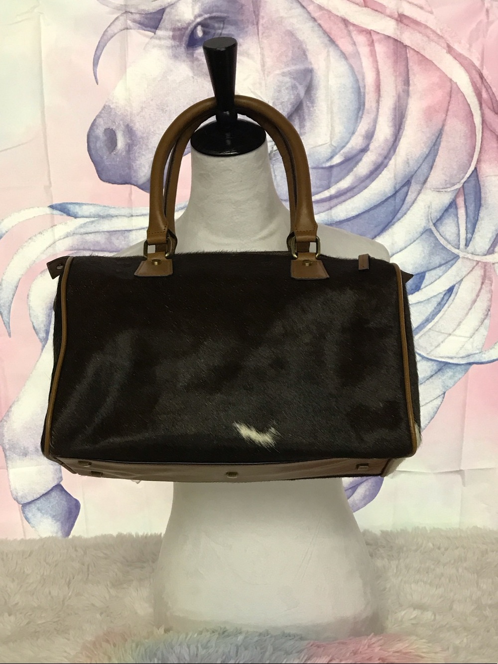 Structured Dark Brown Cowhide Satchel with Tan Trim